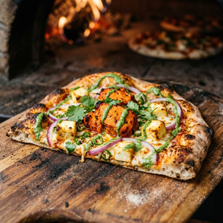 Delicious tandoori chicken tikka pizza